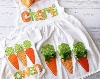 Matching Easter Outfits Siblings, Boys Carrot Easter Shirt, Toddler Girls Easter Dress, Fabric Applique, Easter Outfit Baby Girl