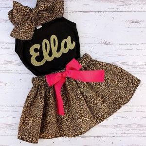 Personalized Gold Leopard Outfit, Leopard Print Skirt, Birthday Outfit, Baby Girls, Youth Girls Birthday Outfit, Gold Leopard on Pink