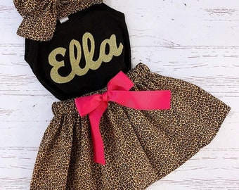 Personalized Gold Leopard Outfit, Leopard Print Skirt, Birthday Outfit, Baby Girls, Youth Girls Birthday Outfit, Gold Leopard on Pink