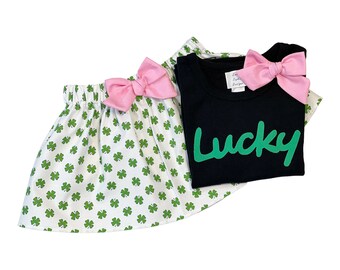 St. Patrick's Day Outfit for Girls, 0/3M-12Y, Twirl Skirt, Lucky Script Shirt, Shamrock Skirt, Matching Sisters, Sweet Sophia Designs