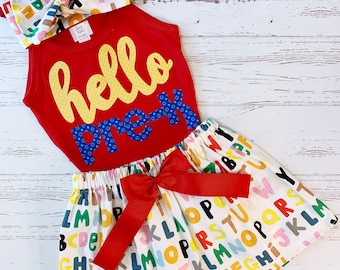 Alphabet First Day of School Outfit, Hello Pre-K Shirt, Alphabet Skirt, Preppy Back to School, Fabric Applique Shirt