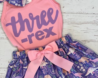 Three-Rex Shirt, Dinosaur Skirt, Dinosaur Birthday Outfit, Lilac and Pink, Dinosaur Birthday