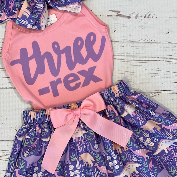 Three-Rex Shirt, Dinosaur Skirt, Dinosaur Birthday Outfit, Lilac and Pink, Dinosaur Birthday