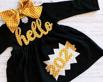 New Years Eve Dress Baby Girls, 12M - 8Y, Hello 2023, Youth Girls New Years Eve Outfit, Black and Gold, Fabric Applique, 2023 Dress
