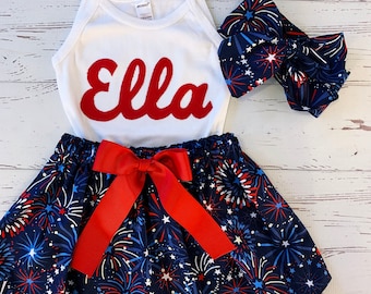 Personalized Fourth of July Outfit Girls, Firework Skirt, Baby Girls, Big Girls, Fireworks shirt, Personalized Shirt, 4th of July Clothing