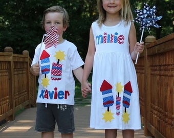 Matching 4th of July Siblings, Firecracker Dress, Fabric Applique Dress, Baby Girls, Youth Girls, Cotton Dress, Toddler Boys 4th of July