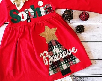 Christmas Dress for Girls, 12M-8Y,  Red Dress, Youth Girls, Christmas Tree Dress, Country Christmas Dress, Fabric Applique Dress