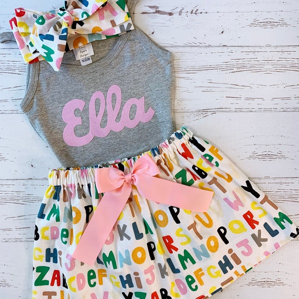 Girls Personalized Back to School Outfit, Alphabet Skirt, Hello Kindergarten, Hello PrekK, First Day of School Outfit Girl