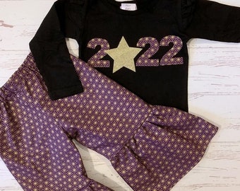 New Years Eve Outfit Big Girls, NB-12Y, Hello 2024, Purple and Gold, Kids New Years Eve Shirt, Ruffle Pants, Baby First New Year