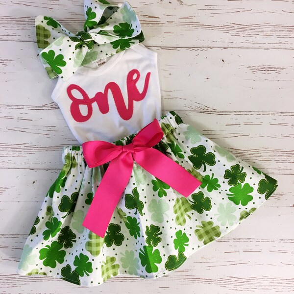 Lucky One St Patricks Day Birthday, NB-12Y, Pink and Green, Toddler Girl Clothing, Shamrock Skirt, Two Lucky Birthday