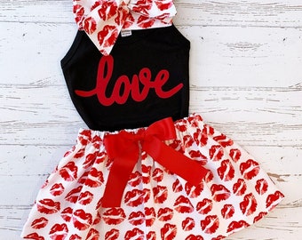 Valentine Outfit for Girls, NB-12Y, Girls Valentine Outfit, Kisses Skirt, Black and Red, Valentine Outfit Kids