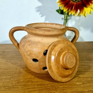 May include: A light brown terracotta garlic keeper with two side handles and a matching lid. The round vessel features several circular ventilation holes on its side to allow for airflow, showcasing a natural, unglazed clay texture throughout.