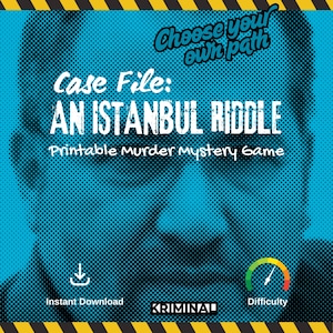 Puede incluir: Un gráfico turquesa y negro con el texto "Case File: An Istanbul Riddle, Printable Murder Mystery Game." La imagen también incluye las palabras "Choose your own path," "Instant Download" y "Difficulty."