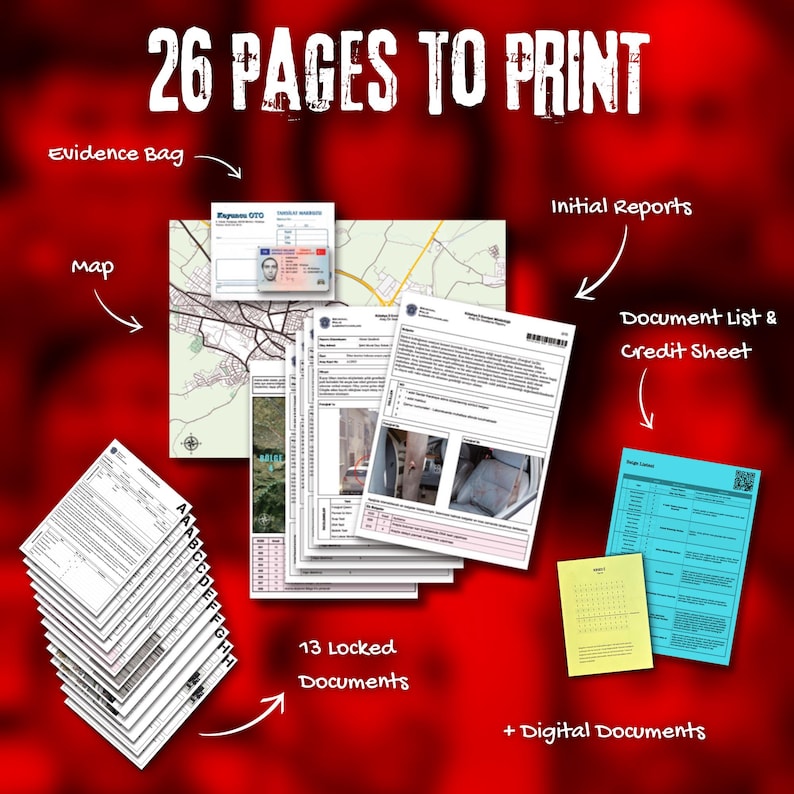 Pode incluir: Uma imagem com v&aacute;rios documentos, incluindo relat&oacute;rios iniciais e uma lista de documentos, juntamente com um mapa e uma bolsa de evid&ecirc;ncias. A imagem tamb&eacute;m inclui 13 documentos bloqueados. O texto "26 PAGES TO PRINT" &eacute; exibido no topo.
