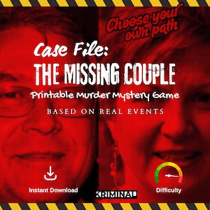 Peut inclure: Graphique rouge avec le texte "Case File: The Missing Couple" et "Printable Murder Mystery Game". L'image comprend une icône de téléchargement et un indicateur de difficulté. L'arrière-plan présente deux visages.