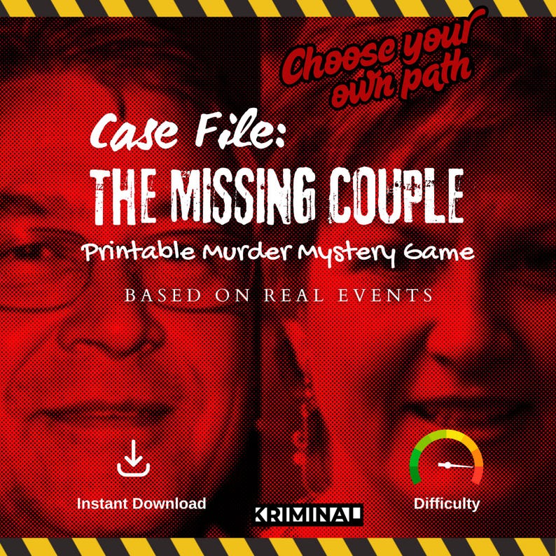 Pode incluir: Gr&aacute;fico vermelho com o texto "Case File: The Missing Couple" e "Printable Murder Mystery Game". A imagem inclui um &iacute;cone de download e um medidor de dificuldade. O fundo apresenta dois rostos.