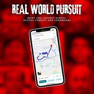 Pode incluir: Um smartphone exibe um mapa com uma rota azul, com o texto "REAL WORLD PURSUIT" no topo. O mapa mostra uma localiza&ccedil;&atilde;o em K&uuml;tahya, Turquia. O texto "HUNT THE CULPRIT ACROSS ACTUAL STREETS AND LANDMARKS" tamb&eacute;m &eacute; vis&iacute;vel.