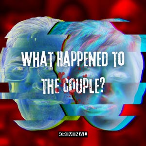 Pode incluir: Imagem digitalmente distorcida com dois rostos e o texto "WHAT HAPPENED TO THE COUPLE?" em branco. O fundo &eacute; vermelho com efeitos de respingos de sangue e a palavra "KRIMINAL" na parte inferior.