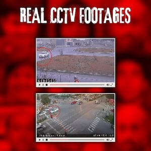 Pode incluir: Um fundo vermelho com o texto "REAL CCTV FOOTAGES" em branco. Duas capturas de tela de v&iacute;deo mostram um carro branco em uma cena de rua. O v&iacute;deo superior tem um c&iacute;rculo vermelho em volta do carro. O v&iacute;deo inferior mostra um cruzamento movimentado.