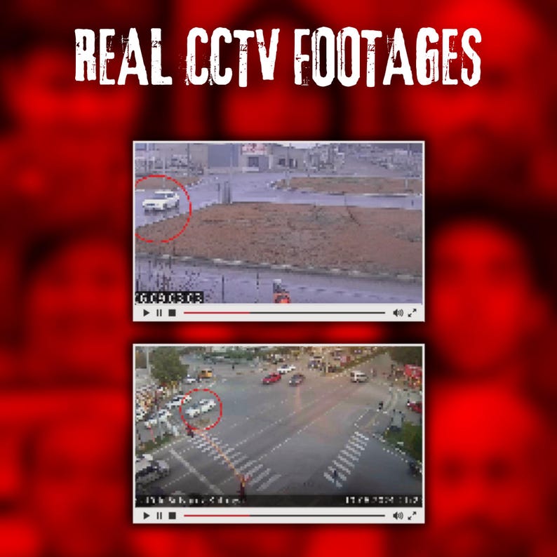 Pode incluir: Um fundo vermelho com o texto "REAL CCTV FOOTAGES" em branco. Duas capturas de tela de v&iacute;deo mostram um carro branco em uma cena de rua. O v&iacute;deo superior tem um c&iacute;rculo vermelho em volta do carro. O v&iacute;deo inferior mostra um cruzamento movimentado.