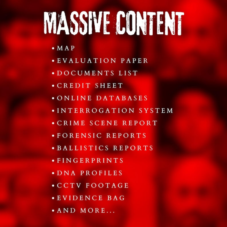 Pode incluir: Um fundo vermelho com o texto branco "MASSIVE CONTENT" no topo. Abaixo, uma lista de itens inclui "MAP", "EVALUATION PAPER", "DOCUMENTS LIST", "CREDIT SHEET", "ONLINE DATABASES" e mais.