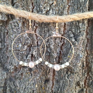 Light Pink Pearl and Silver Beaded Dangle Hoop Earrings