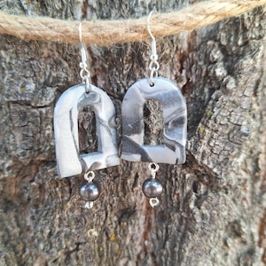 Black/White/Silver Marbled Arch Polymer Clay Earrings