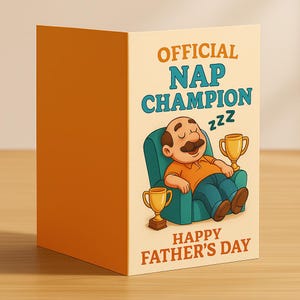 Cartão engraçado para presente de dia dos pais, Campeão do sono, Presente de dia dos pais, Cartão de dia dos pais, Ideias para presentes de dia dos pais, Campeão do cochilo de dia dos pais