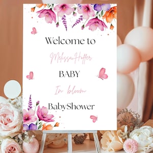 Wildblumen-Babypartyschild - Bearbeitbare Willkommensschild-Vorlage - Baby in Bloom Decor für Mädchen