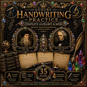 Puede incluir: Una portada de libro de práctica de caligrafía de lujo con texto dorado, retratos de Leonardo da Vinci y Michael Faraday, e ilustraciones de pluma estilográfica, tintero y cristales. El diseño incluye hojas de trabajo y 35 páginas.