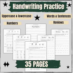 May include: A set of 35 handwriting practice pages featuring uppercase and lowercase letters, numbers, words, and sentences. The white sheets include black text, instructional lines for tracing, and review sections with headers like Handwriting Practice.