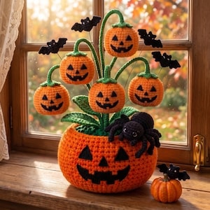 Crochet Halloween Pumpkin Ghost Pot, Halloween Crochet Potted Plant, Handmade Spooky Desk Decor, Cute Ghost Flower Pot Gift, Halloween Desk