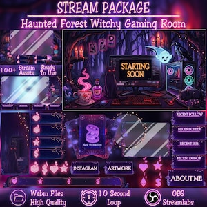 May include: A digital stream package featuring a haunted forest witchy theme with purple and pink neon accents. Includes overlays, panels, and alerts with text such as STARTING SOON, NEW DONATION, INSTAGRAM, ARTWORK, and ABOUT ME, designed for OBS Streamlabs.