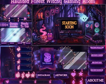 Haunted Forest Witchy Gaming Room Stream Package: Gothic Black Cat & Floating Ghost Twitch Overlay, Tarot Card, Coffee Mug, Potions, Raven
