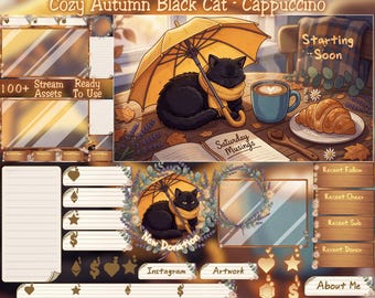 Cozy Black Cat Autumn Café Stream Package: Warm Coffee, Buttery Croissant, Umbrella Game Twitch Overlay, Latte, Capuchino Daisy Maple Leaves