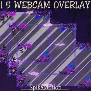 May include: Webcam overlay design with a purple and white striped background. The design features floral and butterfly accents in shades of purple and blue. The text "15 WEBCAM OVERLAY" is at the top, and "SpikeMotion" is at the bottom.