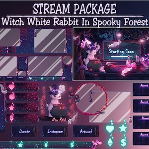 Animated Stream Package: Purple Blue Spooky Easter Forest, Witchy Desk Twitch Overlay Rabbit, Poison Bunny Ghost Glowing Mushroom Skull Crow