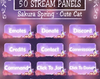 50 Sakura Twitch Panels Info: Cozy Pink Cherry Blossom, Sleepy White Cat, Witchy Kitty Twitch Overlay, Aesthetic Spring Stream Graphics