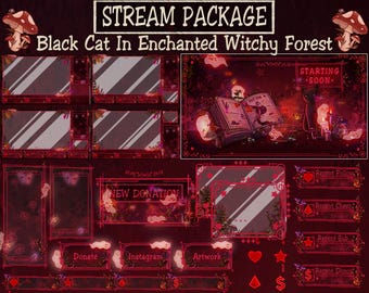 Animated Black Cat Stream Package: Witchy Goth Forest Twitch Overlay (Digital Download), Halloween Dark Academia
