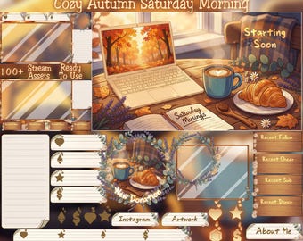 Cozy Autumn Saturday Morning Stream Package: Fall Gaming Room Twitch Overlay, Latte, Croissant, Daisy Flowers, Plant, Maple Leaves, Journal