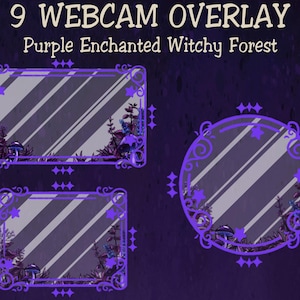 Peut inclure: Neuf superpositions de webcam sur le thème de la forêt enchantée violette. Les superpositions comprennent des cadres rectangulaires et circulaires avec des éléments décoratifs floraux et de champignons. Le texte "9 Webcam Overlay" et "Purple Enchanted Witchy Forest" est affiché en haut.