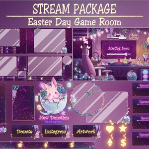 Peut inclure: Un ensemble de diffusion numérique sur le thème de Pâques, avec un schéma de couleurs violet et rose. Le design comprend une scène de salle de jeu avec un écran affichant "Starting Soon". Les graphiques incluent des personnages de lapins, des accents floraux et des boutons de dons et de médias sociaux.