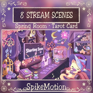 May include: An illustration for 8 stream scenes, "Spring Room - Tarot Card", featuring a cozy, purple-themed room. A cat in a wizard hat reads tarot cards. The scene includes a computer, books, flowers, and the text "Starting Soon".