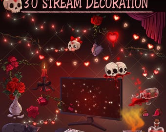 Dark Spooky Valentine Game Room Twitch Stream Decoration: Love Heart Light, Skull, Roses Flower, Blood Tea, Black Cat, Poison Vtuber Asset..