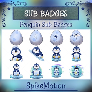 May include: A digital art graphic featuring a set of penguin-themed sub badges. The badges include images of eggs, penguins on ice, and penguins with various accessories. The text "SUB BADGES" and "Penguin Sub Badges" are displayed at the top.