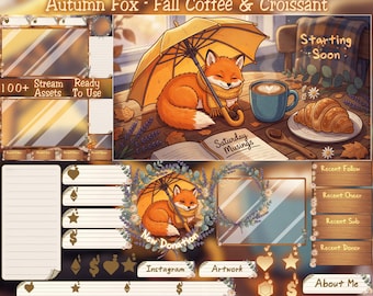Cozy Autumn Fox Stream Package: Fall Coffee & Croissant Twitch Overlay, Gaming, Latte, Capuchino, Daisy, Maple Leaves, Lavender, Eucalyptus