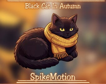 Animated Fluffy Black Cat Wear Golden Scarf Stream Decoration, Cozy Autumn Kitten Twitch Overlay, Fall, Winter Season Alerts, Vtuber Discord