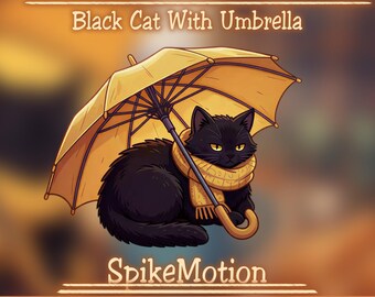 Animated Black Cat with Umbrella Stream Decoration, Cozy Autumn, Rainy Season Kitten Twitch Overlay, Fall, Winter Alerts, Vtuber Discord