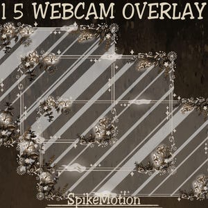 Könnte beinhalten: Webcam-Overlay-Design mit dunkelbraunem Hintergrund und weißen diagonalen Streifen. Das Design zeigt florale und Schmetterlingsakzente in Hellbraun, mit dem Text "15 WEBCAM OVERLAY" oben.