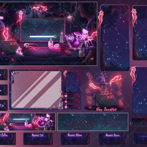 Animated Stream Package: Witch Desk Black Cat In Spooky Forest, Mystic Halloween Twitch Overlay Witch Ghost, Skeleton, Crow Skull, Candle..